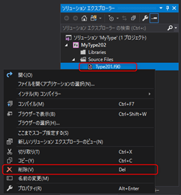 既存のソースコード(Type201.f90)をプロジェクトから削除