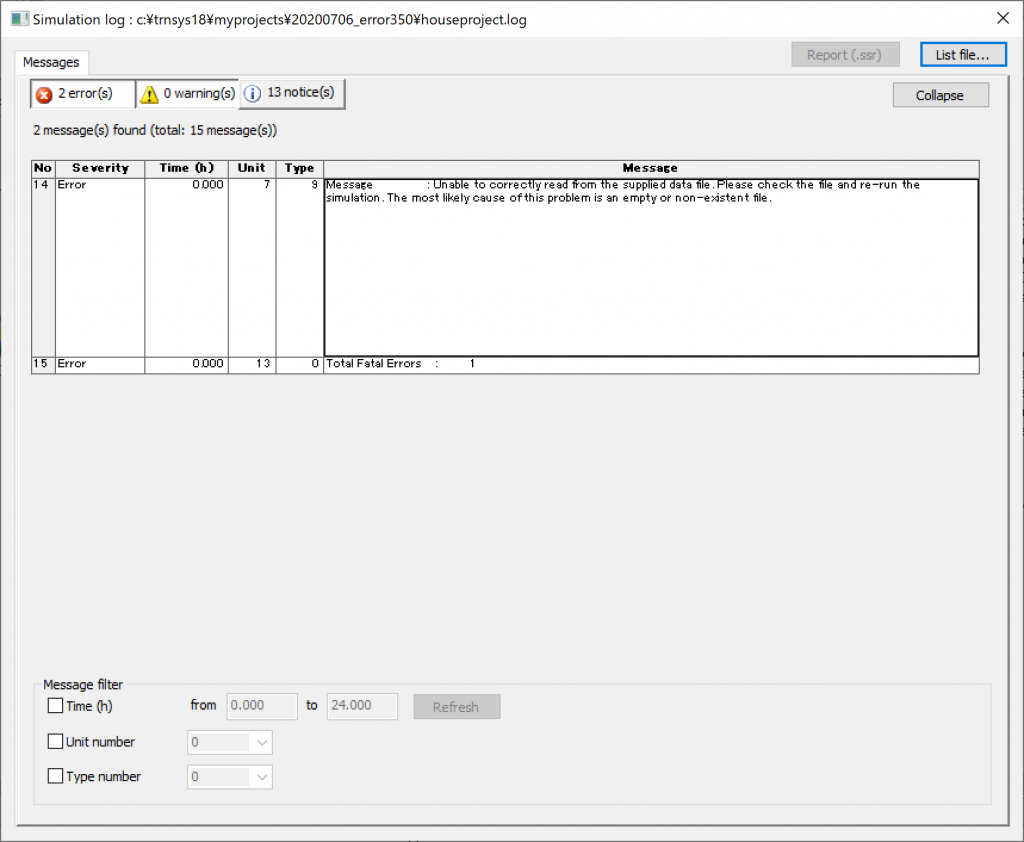 Unable to correctly read from the supplied data file. Please check the file and re-run the simulation. The most likely cause of this problem is an empty or non-existent file.